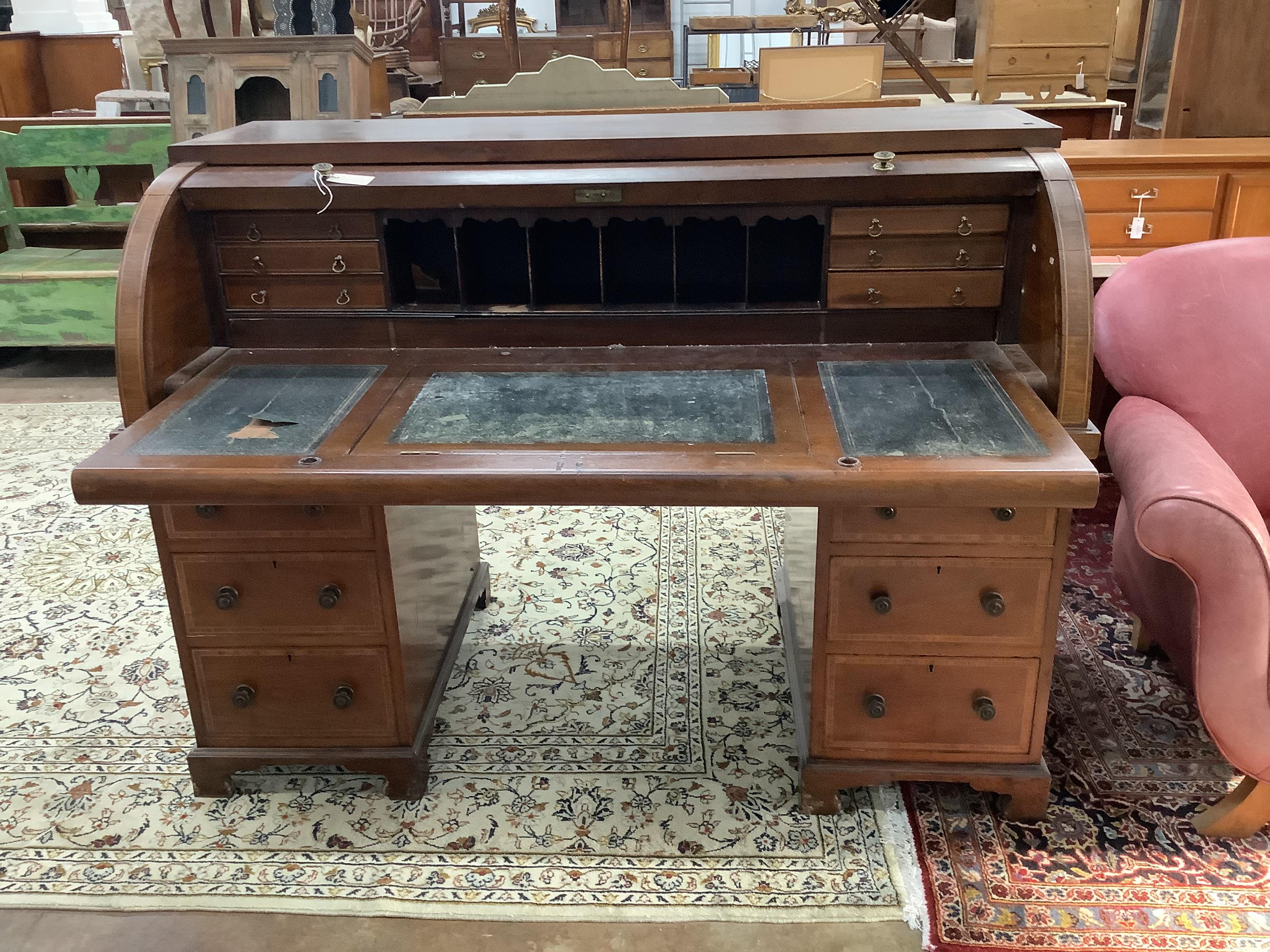 A late Victorian satinwood banded mahogany cylinder bureau, width 150cm, depth 76cm, height 109cm